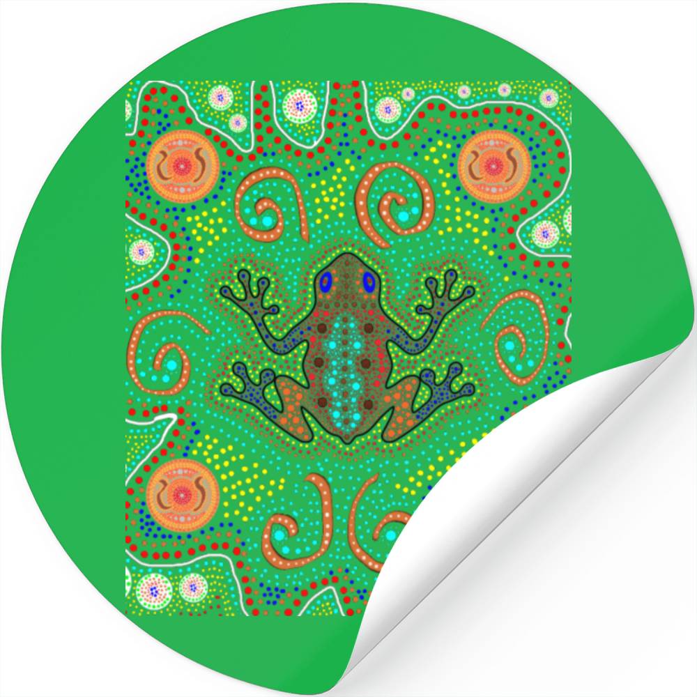 Aboriginal Art Frog Designed Sold By Daisy Liu   Sticker Round,kelly Green,sprv1 1034812489,1cb24b 