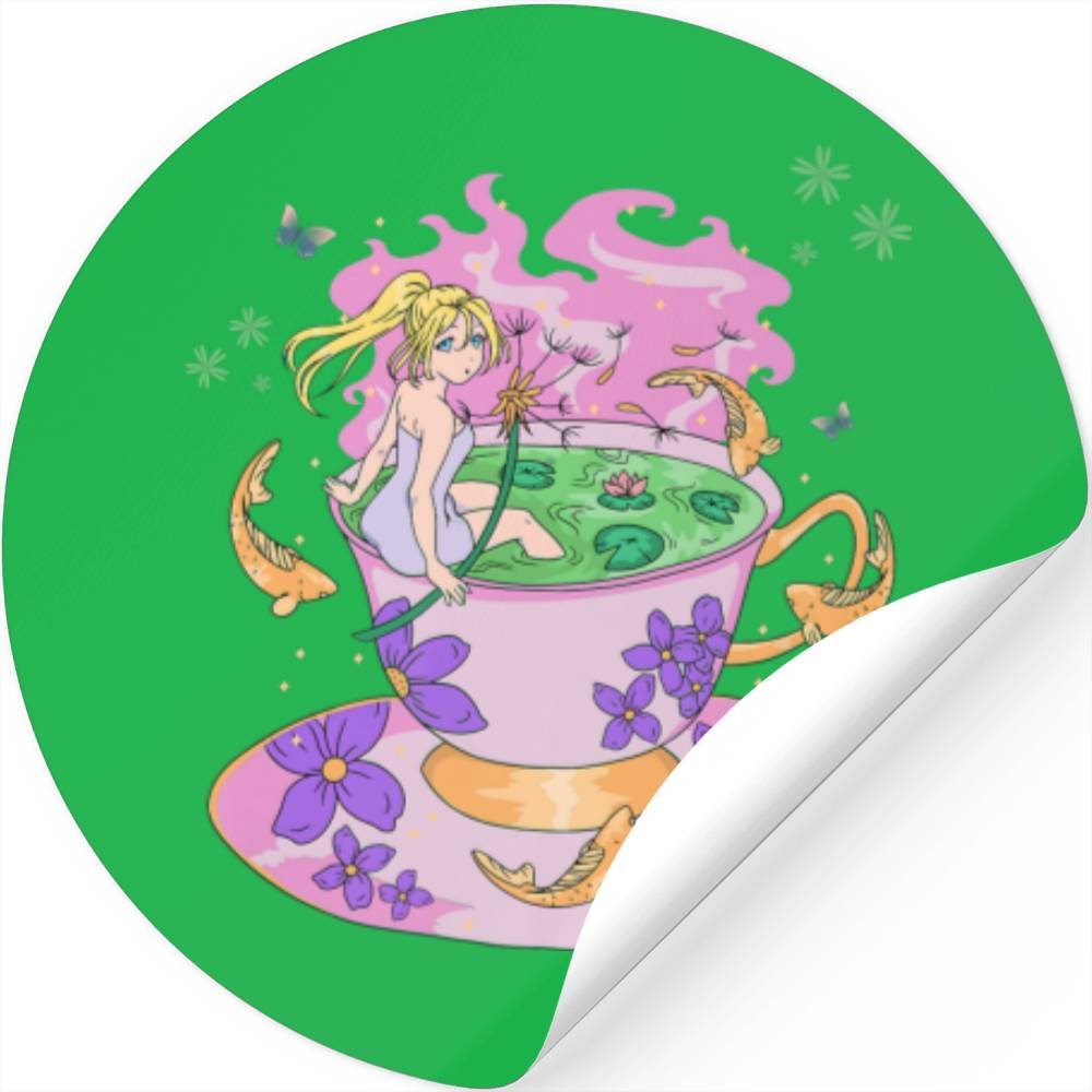 Kawaii Anime Girl Teacup Japanese Cottagecore Aest Stickers Designed