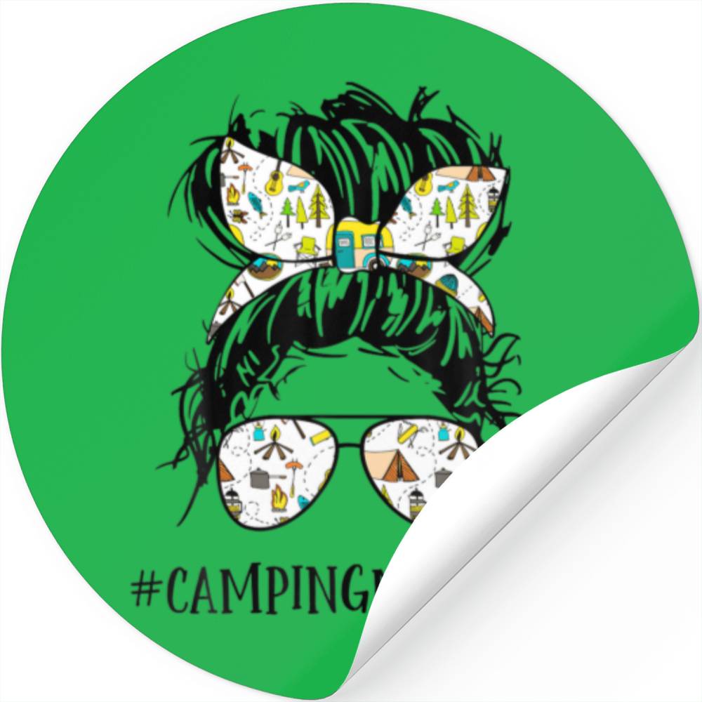 Camping Mom Life Messy Bun Woman Bun Camper Mom Li Stickers